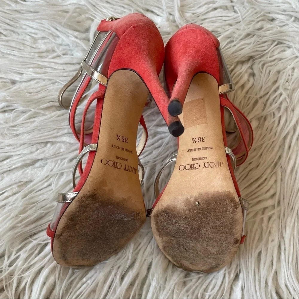 Jimmy Choo Red Multicolor Suede PVC Perspex Mai Tai Heeled Open Toe Sandals 36.5